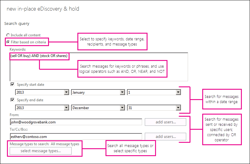 Configure una consulta de búsqueda de eDiscovery.