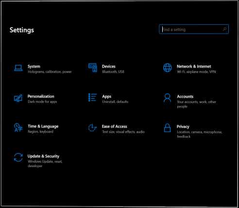 página principal de la aplicación Nueva configuración.