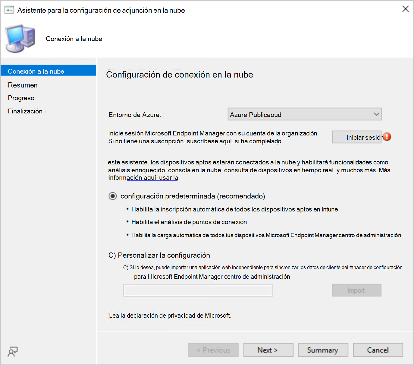 Captura de pantalla del asistente para configuración de conexión a la nube