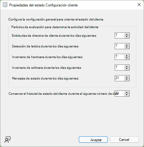 La configuración de estado de cliente ventana Propiedades.