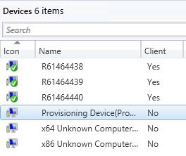 El nodo Dispositivos de la consola de Configuration Manager ordenada por la columna Icono.