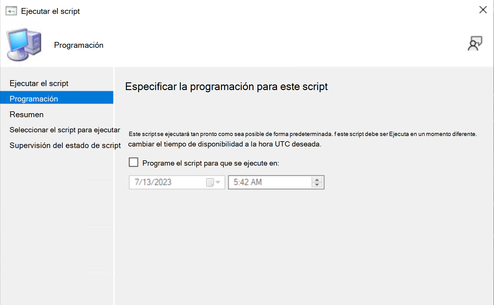 Captura de pantalla del asistente de script de programación.