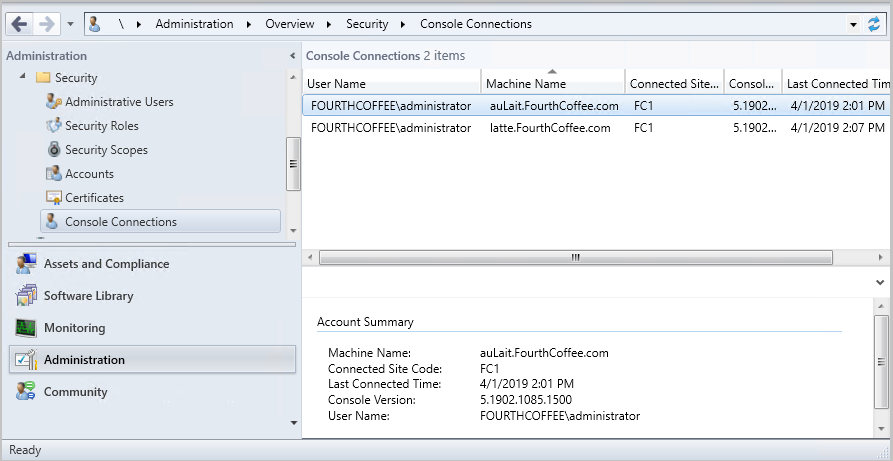 Ver Configuration Manager conexiones de consola.