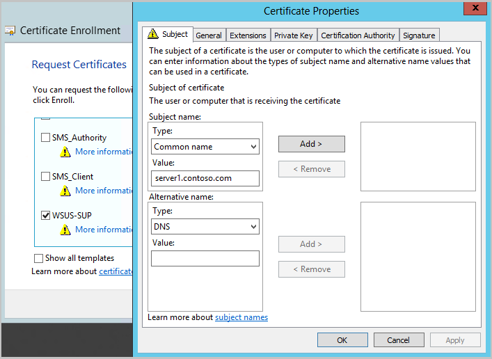 Ventana Propiedades del certificado para especificar más información para la inscripción