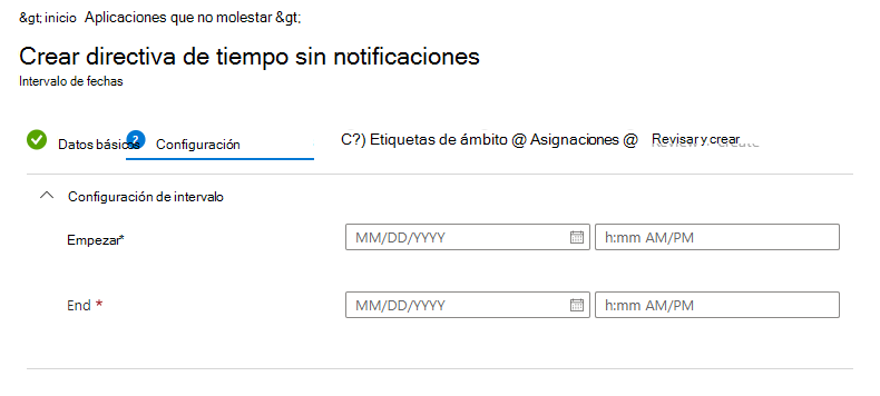 Captura de pantalla de la Microsoft Intune hora tranquila: configurar la directiva de intervalo de fechas