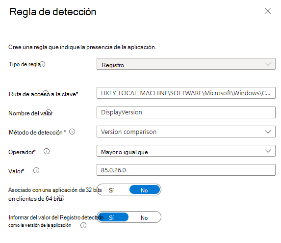 Captura de pantalla de la regla de detección del Registro.