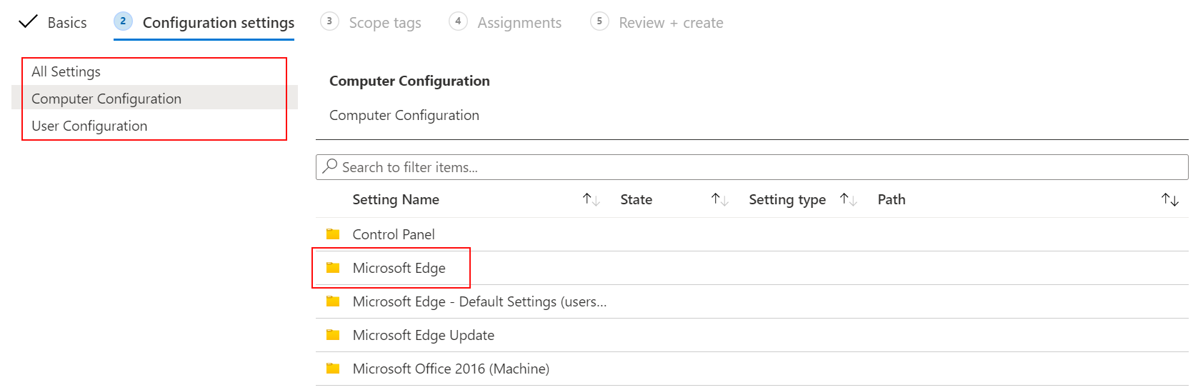 Captura de pantalla que muestra la configuración de ADMX para la configuración del usuario y la configuración del equipo en Microsoft Intune y Intune centro de administración.