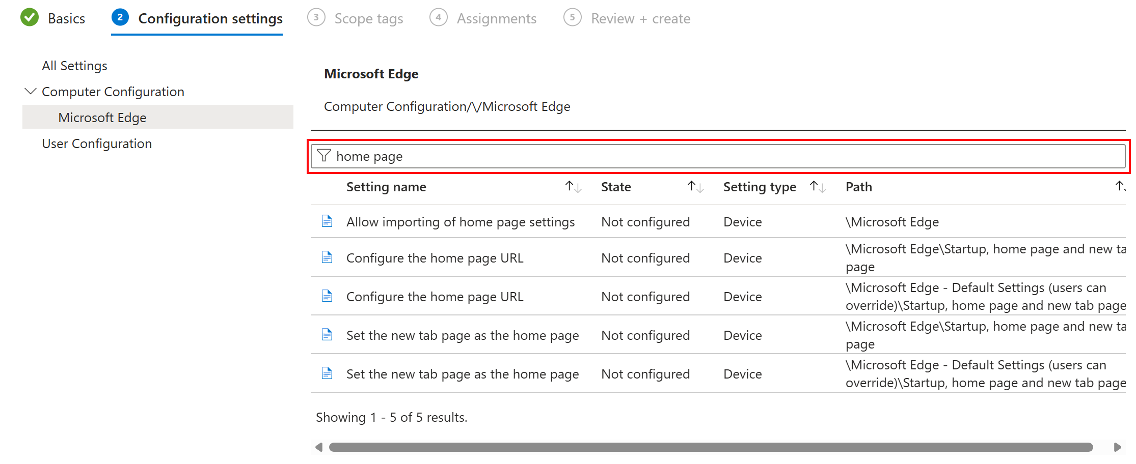 Captura de pantalla de Usar la búsqueda para filtrar la configuración de ADMX en Microsoft Intune y Intune centro de administración.