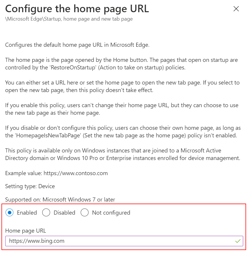 Captura de pantalla de Establecer la dirección URL de la página principal de Microsoft Edge en un sitio web mediante plantillas ADMX en Microsoft Intune y Intune centro de administración.