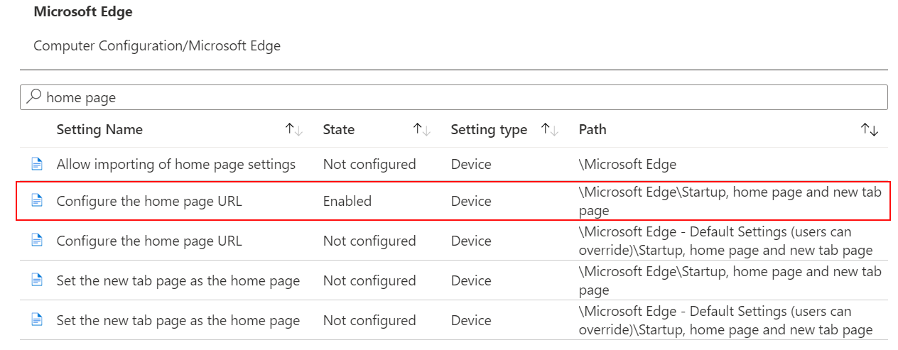 Captura de pantalla de Al configurar una configuración de ADMX, el estado se muestra habilitado en Microsoft Intune y Intune centro de administración.