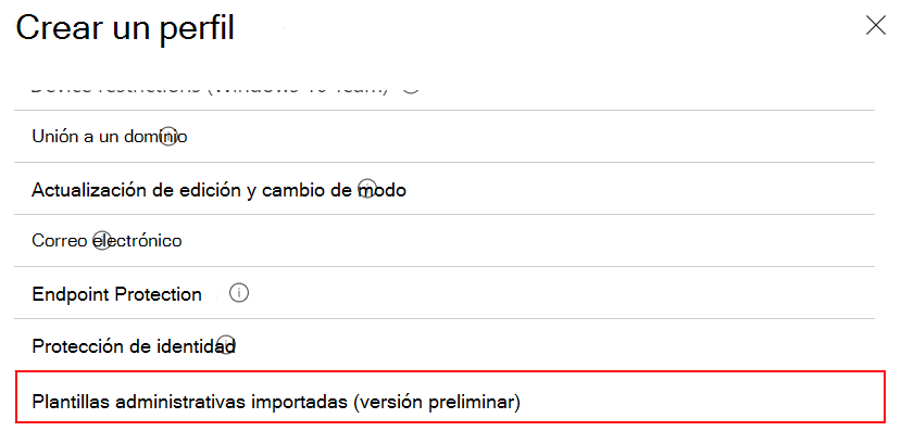 Captura de pantalla que muestra cómo seleccionar plantillas administrativas importadas para crear un perfil de configuración de dispositivo mediante la configuración de ADMX importada en Microsoft Intune y Intune centro de administración.