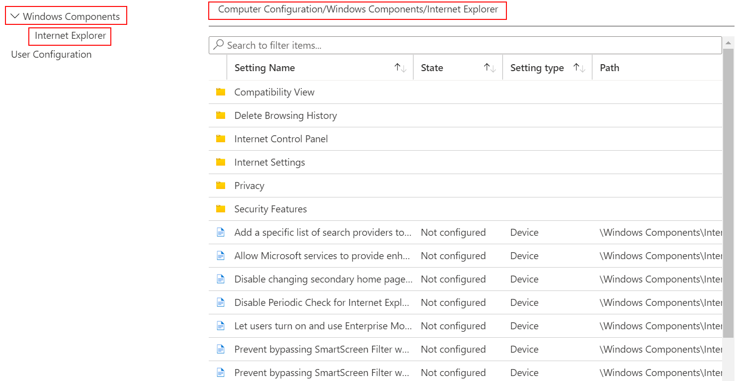 Vea toda la configuración del dispositivo que se aplica a Internet Explorer en Microsoft Intune y el centro de administración de Intune