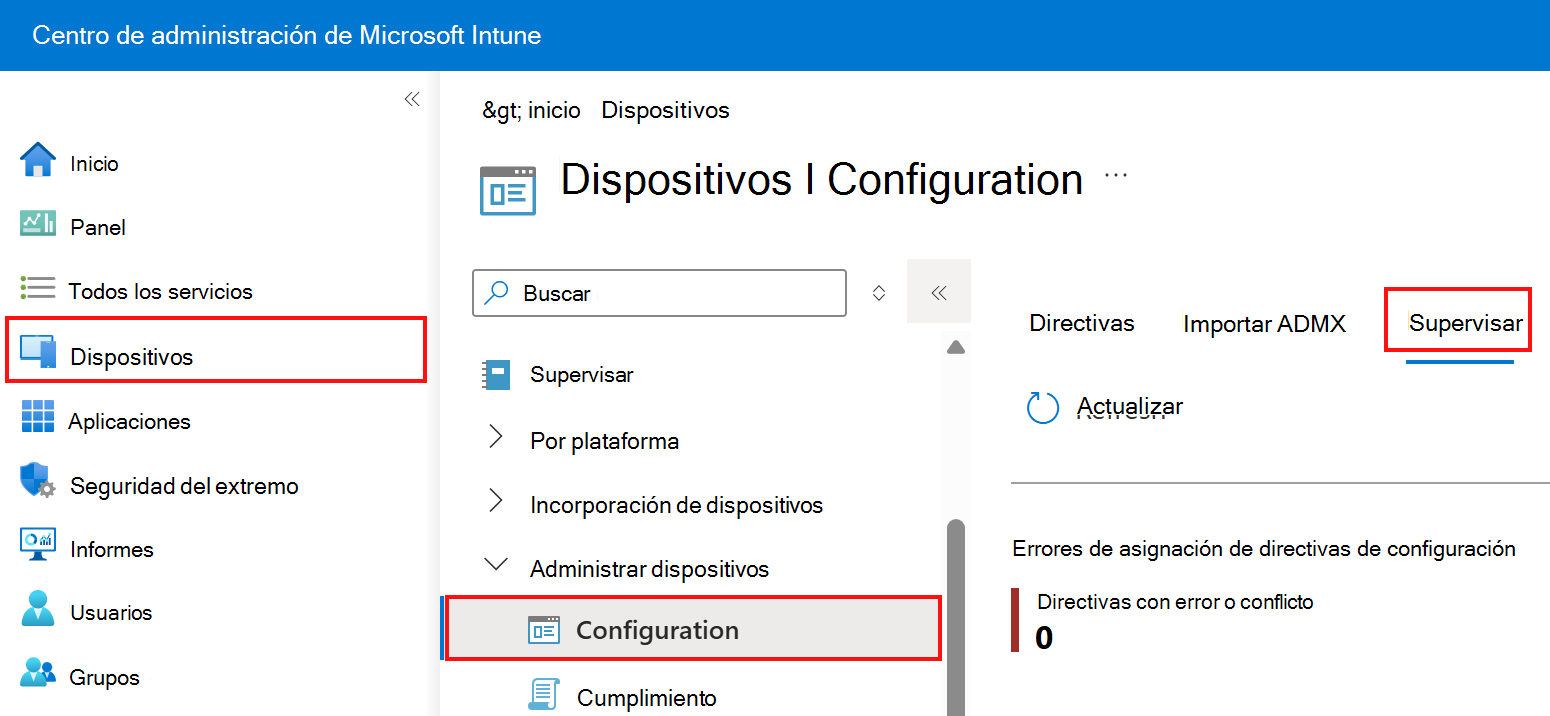 Recorte de pantalla que muestra cómo seleccionar la pestaña de supervisión en los perfiles de configuración de dispositivos en Microsoft Intune y el Centro de administración de Intune.