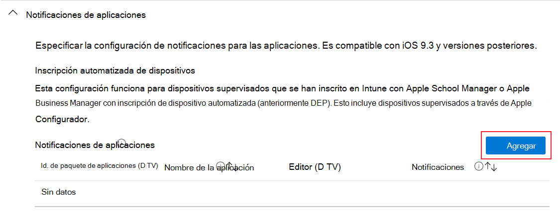 Agregar notificación de aplicación en el perfil de configuración de características de dispositivo iOS/iPadOS en Microsoft Intune