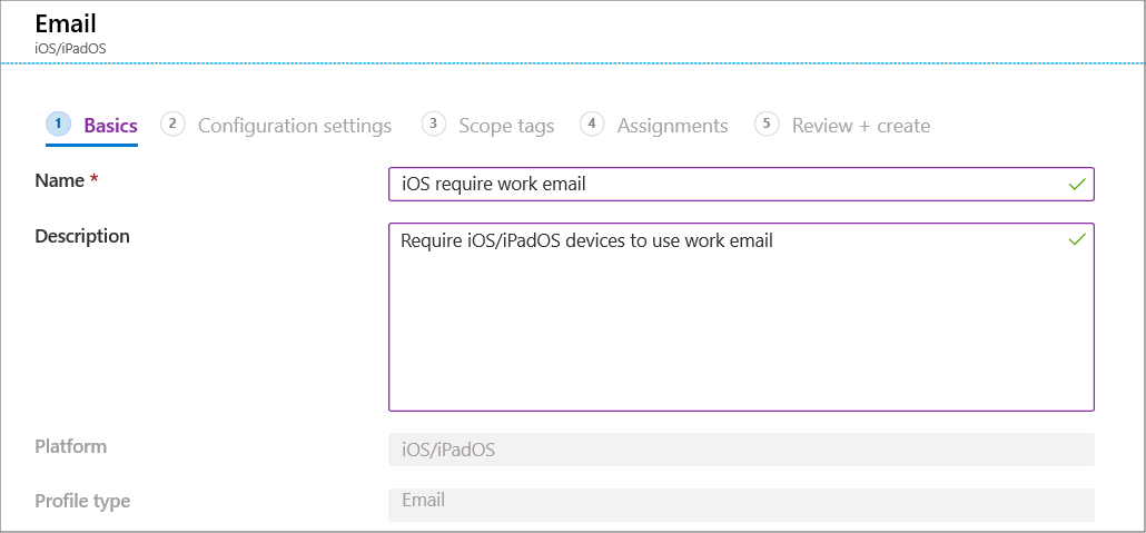 Cree un perfil de configuración de dispositivo de correo electrónico para dispositivos iOS/iPadOS en Microsoft Intune y el Centro de administración de Intune.