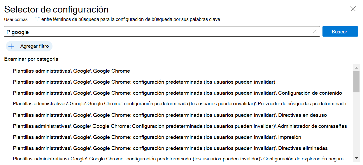 Captura de pantalla que muestra la configuración de Google Chrome en el catálogo de configuración integrado en Microsoft Intune y el Centro de administración de Intune. Use esta configuración para crear y configurar una directiva de Google Chrome en dispositivos Windows.