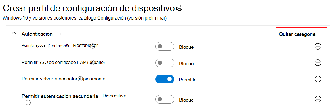 Captura de pantalla que muestra el Catálogo de configuración y que los valores predeterminados de Microsoft Intune y el Centro de administración de Intune son los mismos que los valores predeterminados del sistema operativo.