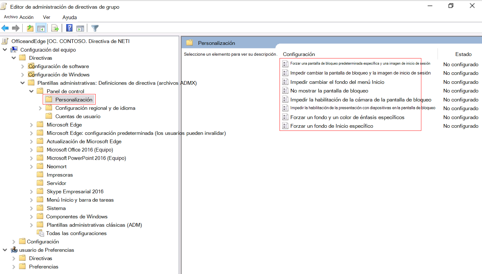 Captura de pantalla que muestra cómo expandir configuración del equipo en directiva de grupo administración local Editor y vaya a Personalización.