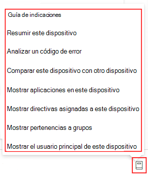 Captura de pantalla que muestra la guía de avisos de Copilot después de seleccionar un dispositivo en Microsoft Intune o Intune centro de administración.