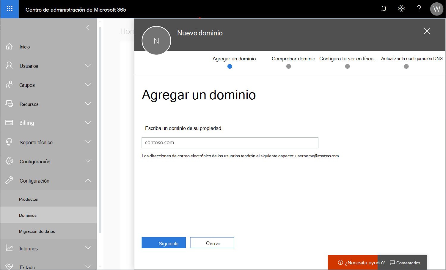 Captura de pantalla de Centro de administración de Microsoft 365 con dominios de configuración > seleccionados y un nuevo nombre de dominio que se va a agregar