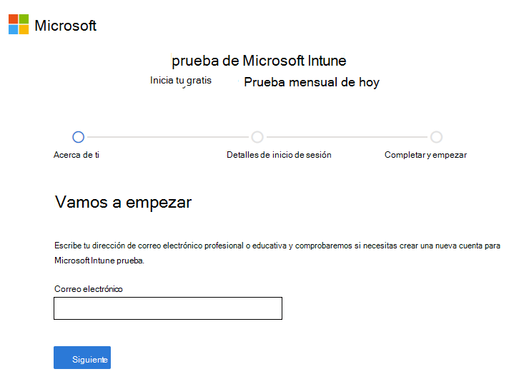 Captura de pantalla de la página Microsoft Intune configurar la cuenta: Escriba el correo electrónico