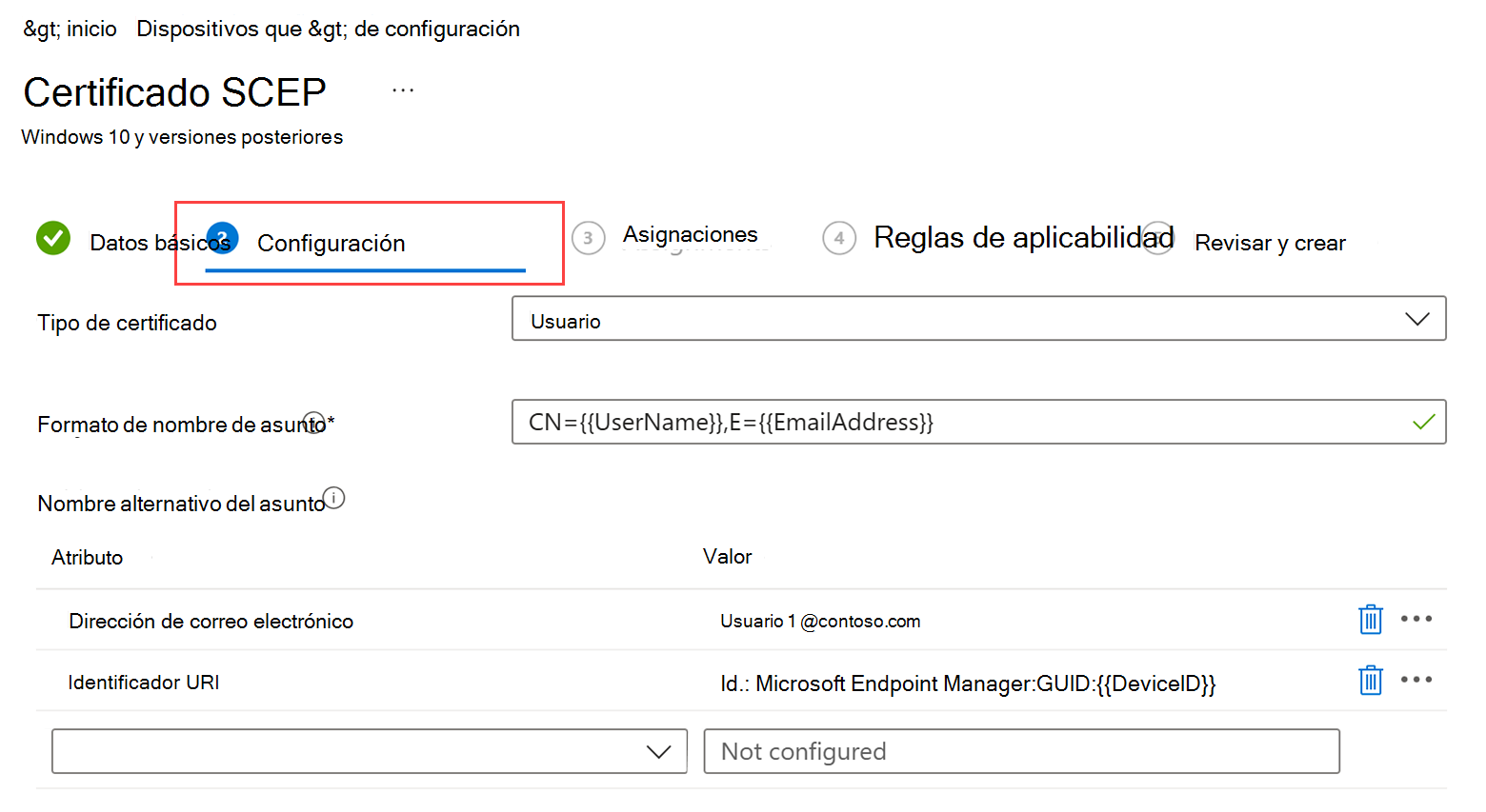 Captura de pantalla del flujo de creación del perfil de certificado SCEP que resalta la etiqueta Configuración.