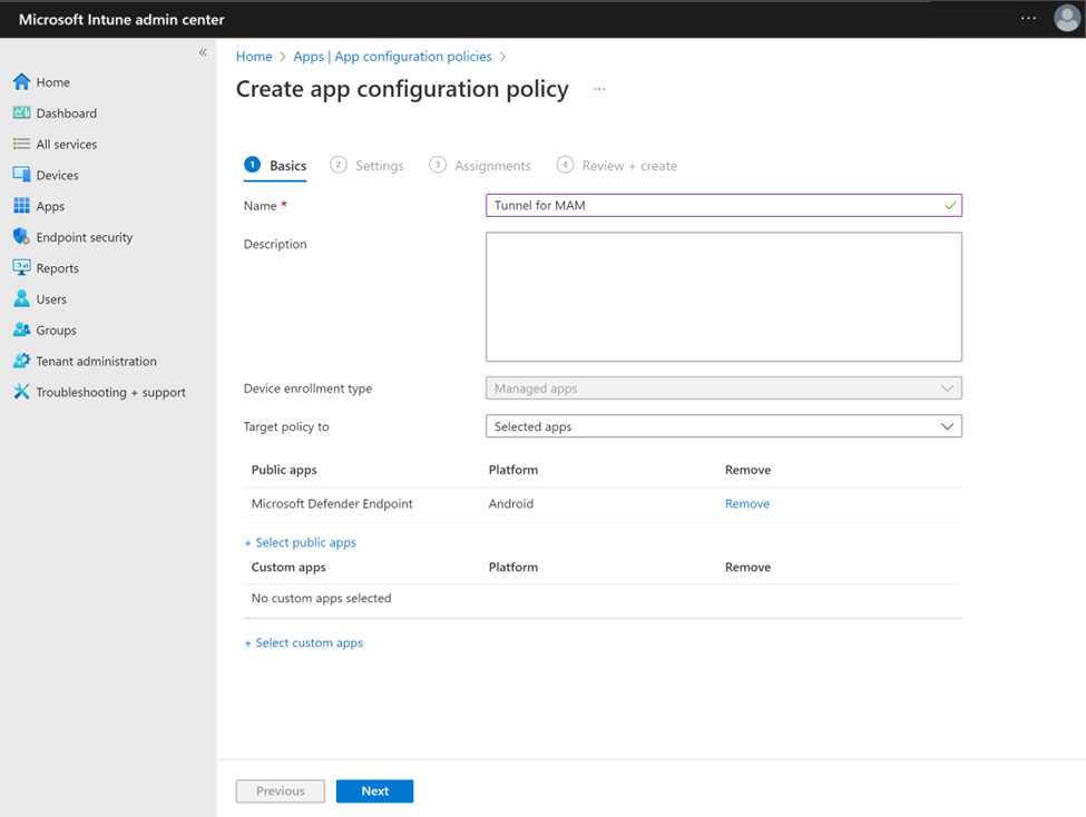 Captura de pantalla de la configuración de una directiva de configuración de aplicaciones con Microsoft Defender punto de conexión como una aplicación pública.