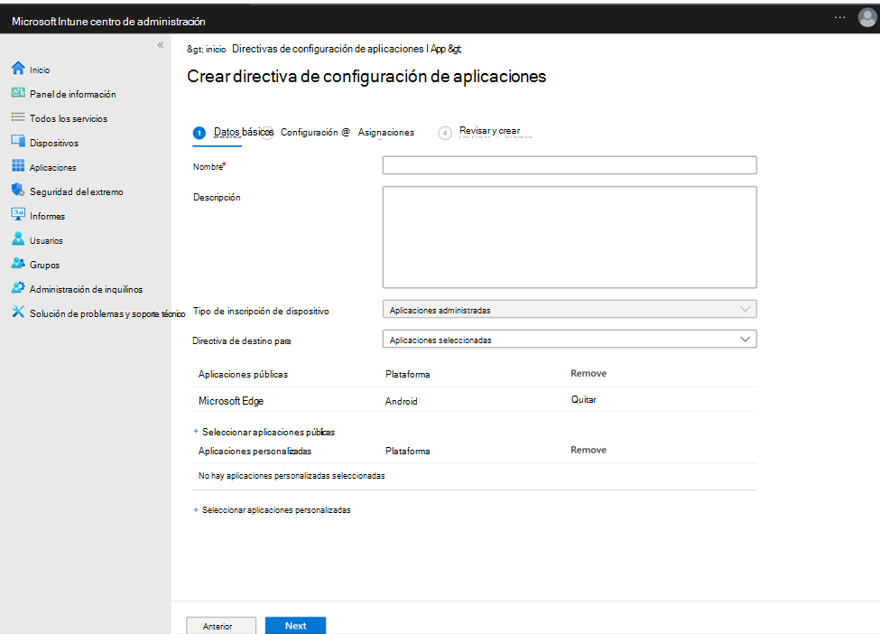 Captura de pantalla de la configuración de una directiva de configuración de aplicaciones con Microsoft Edge como una aplicación pública.