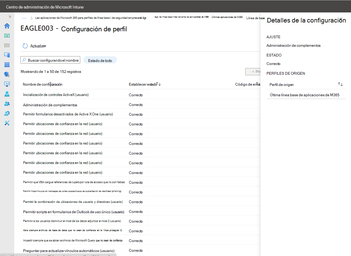 Vea el estado notificado de un dispositivo para cada configuración de la línea base.