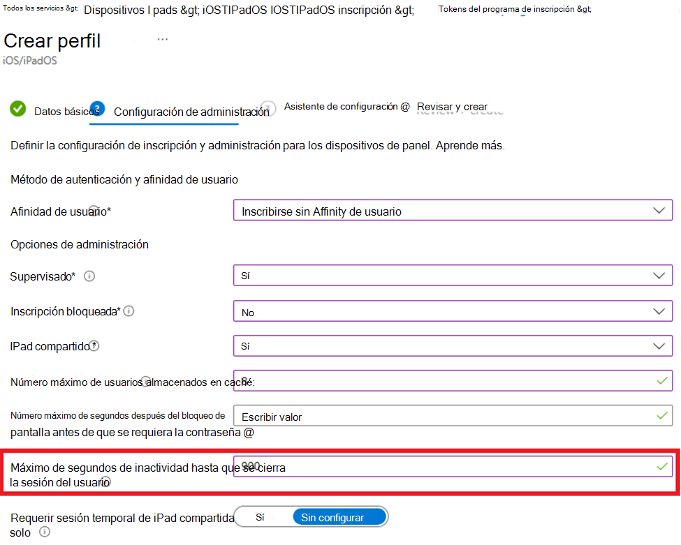 Captura de pantalla que muestra cómo inscribirse sin afinidad de usuario y establecer el valor de inactividad para dispositivos iOS/iPadOS en el centro de administración de Microsoft Intune.