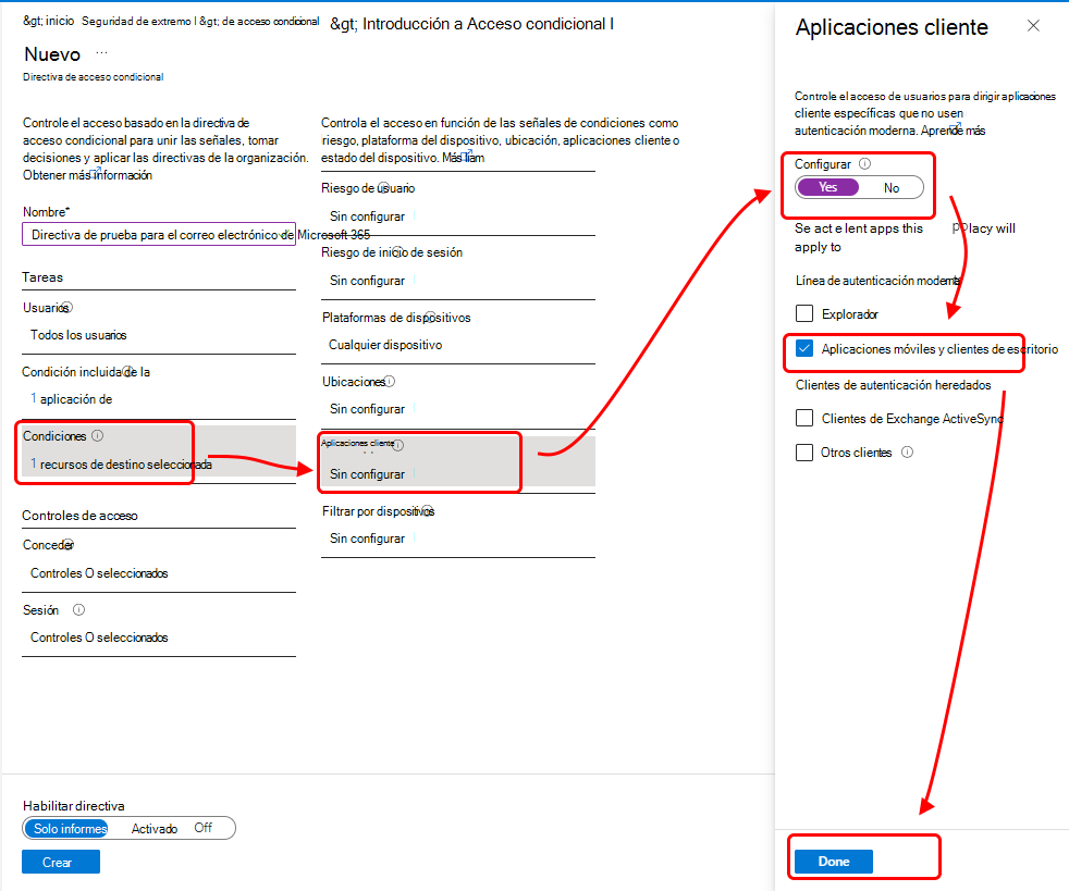 Seleccione aplicaciones y clientes como condiciones para la directiva.