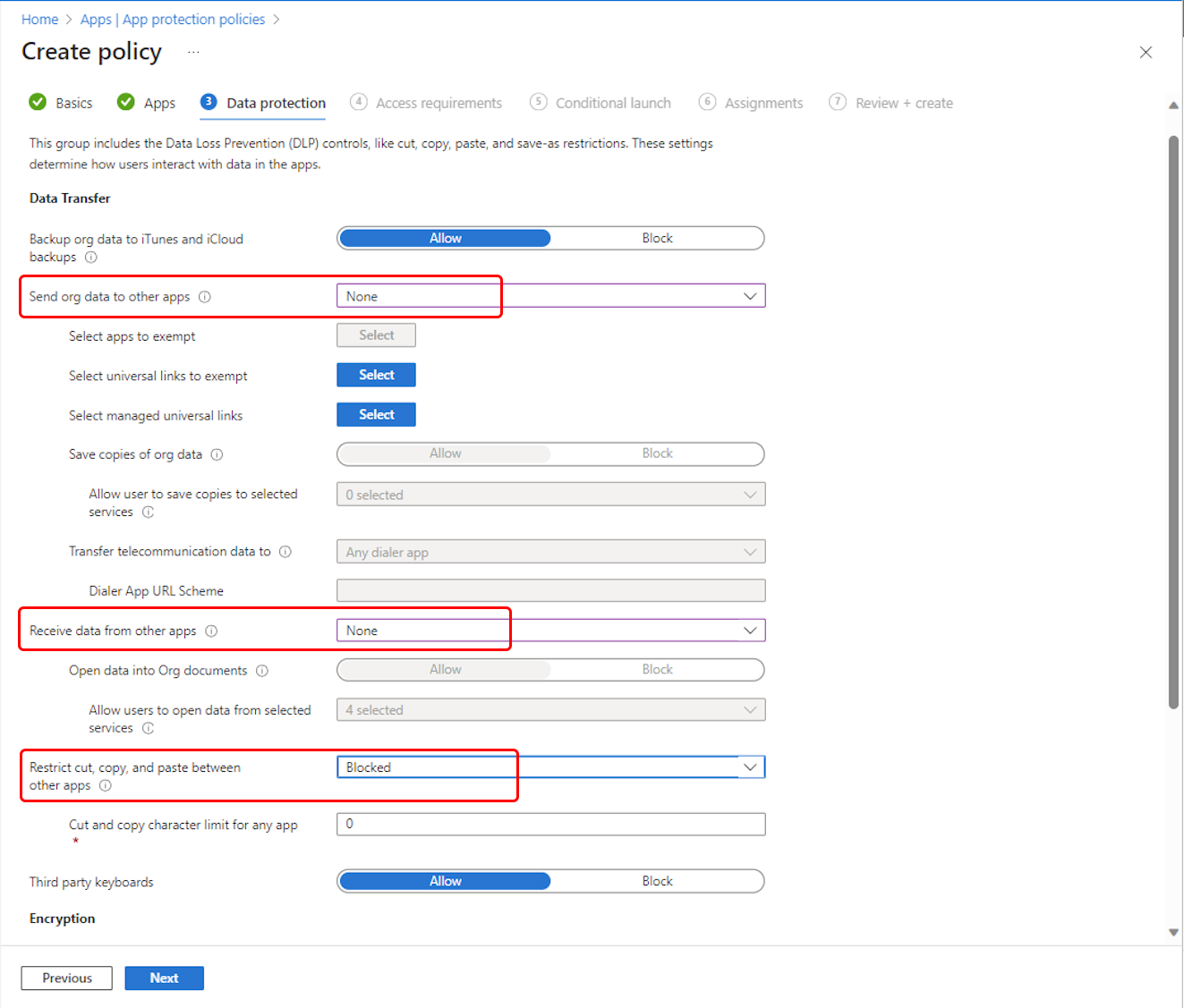 Selección de la configuración de reubicación de datos de directiva de protection de aplicaciones de Outlook.