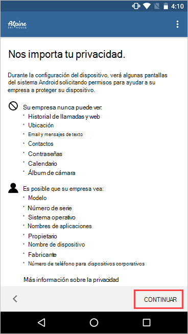 Captura de pantalla de la pantalla De Portal de empresa Nos preocupamos por su privacidad, resaltando el botón Continuar.