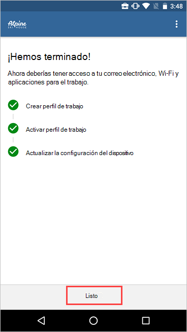 Captura de pantalla de la pantalla configuración de acceso a la empresa de Portal de empresa, en la que se muestra la configuración completada y se resalta el botón Listo.