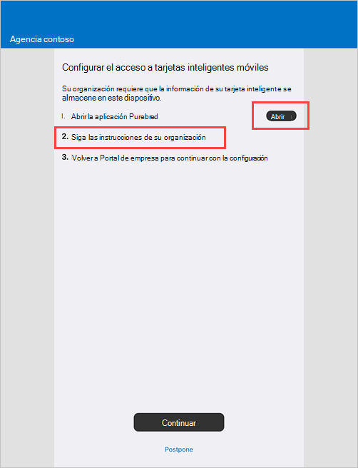 Captura de pantalla de ejemplo de la pantalla de acceso Portal de empresa Configurar tarjeta inteligente móvil.