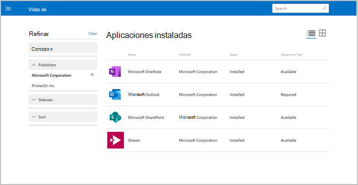 Captura de pantalla de Portal de empresa sitio web, Aplicaciones instaladas, refinar opciones.