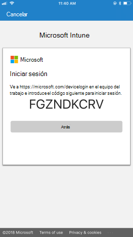 Se proporcionan instrucciones para ir a la https://microsoft.com/devicelogin página, con un código de acceso único, desde el equipo de trabajo y, a continuación, para usar el código para iniciar sesión.