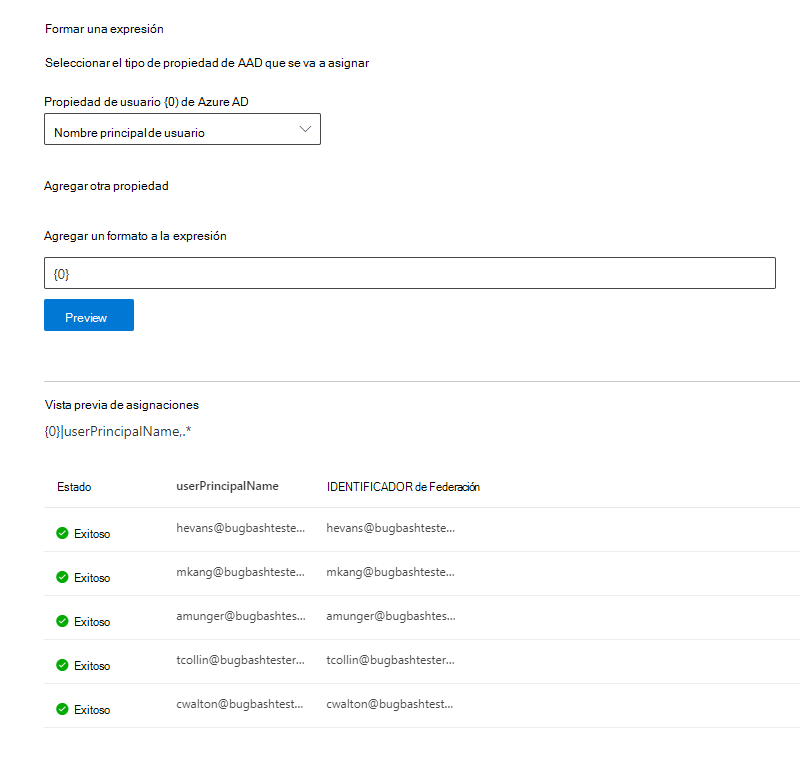 Instantánea de ejemplo de cómo rellenar la página de asignación de identificadores de Microsoft Entra.