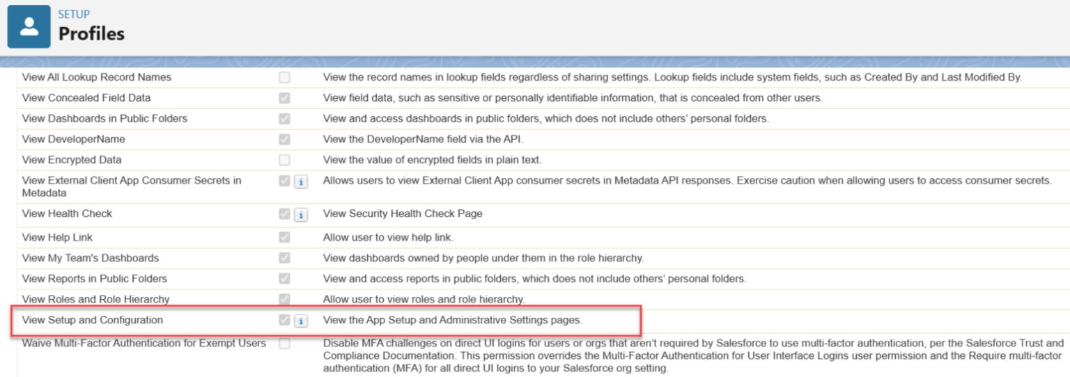 Permiso de configuración y configuración de la vista de Salesforce