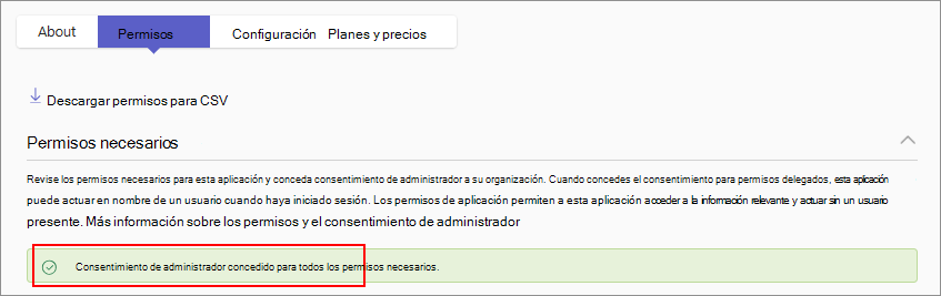 Captura de pantalla que muestra una confirmación después de conceder el consentimiento a los permisos de la aplicación.