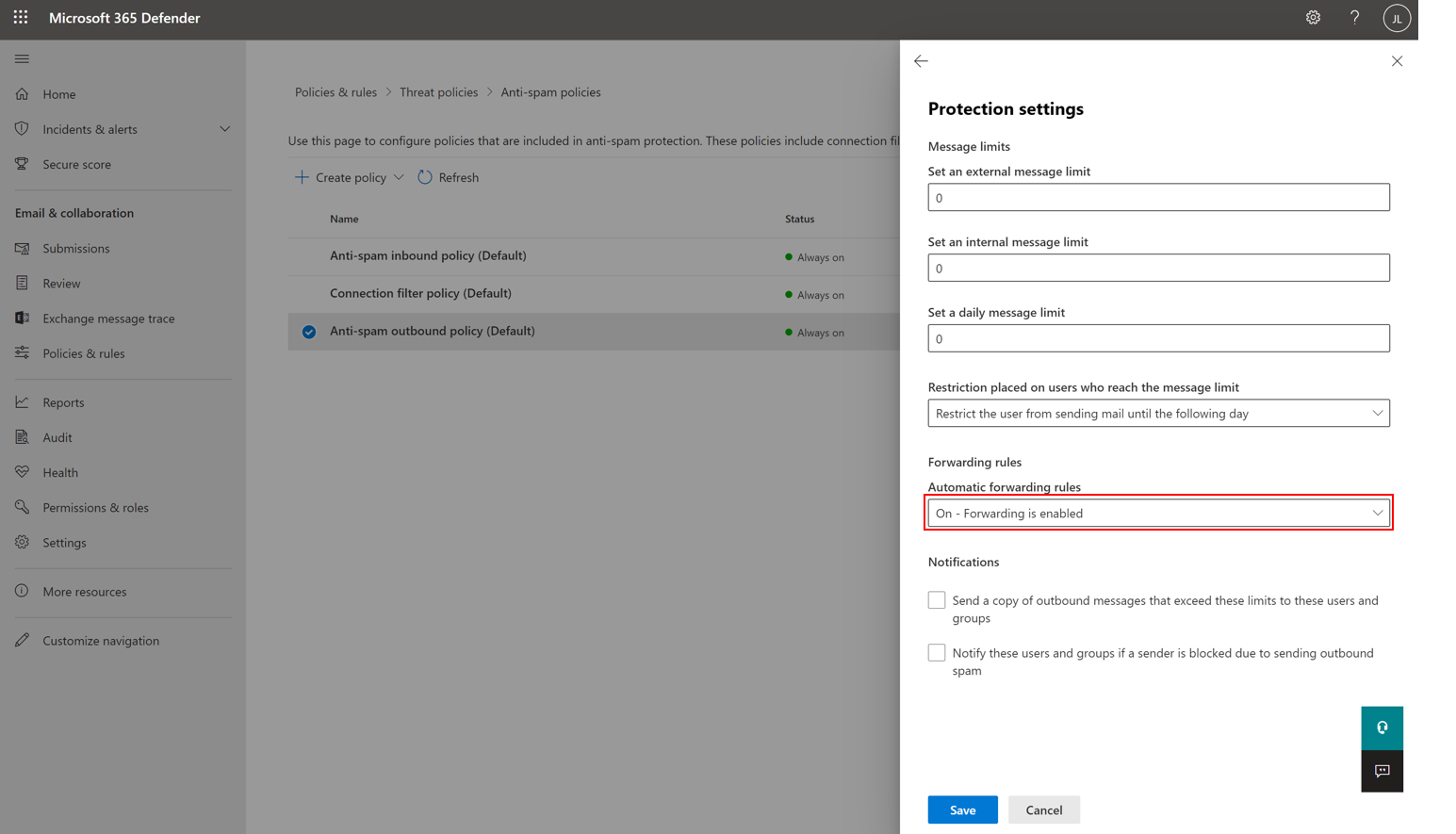 Imagen que muestra el control flotante de directiva de salida contra correo no deseado del Portal de Microsoft Defender con la condición Activado, reenvío está habilitado en Reglas de reenvío.