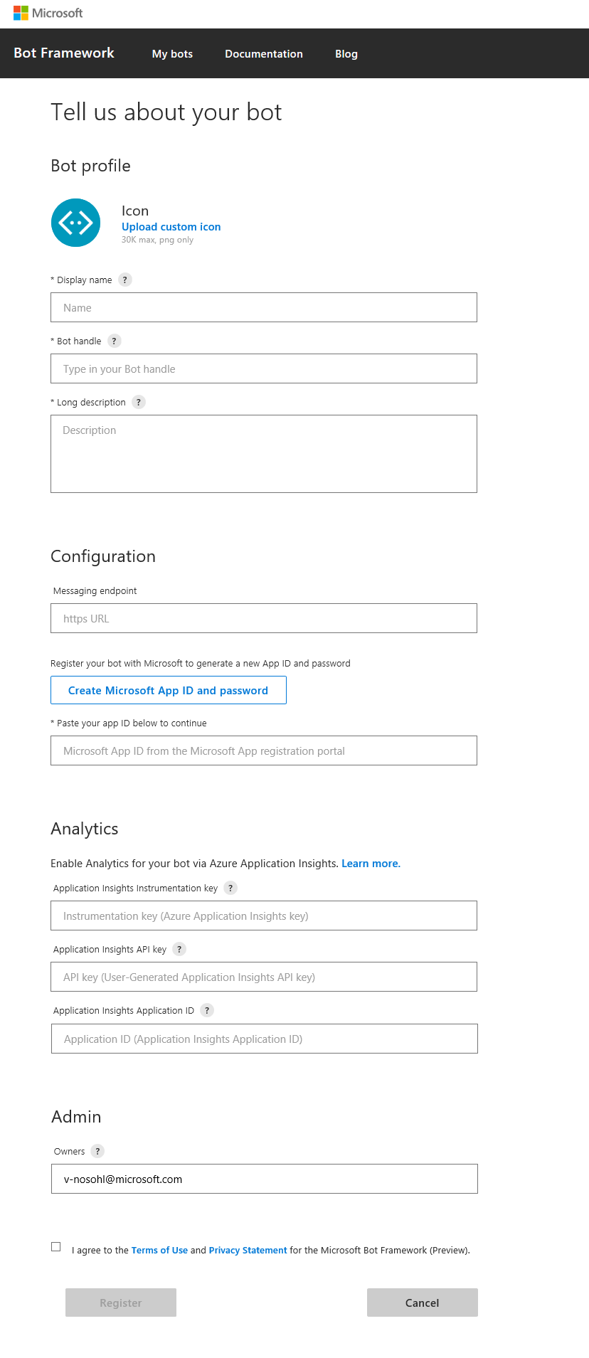 Página de registro de Bot Framework