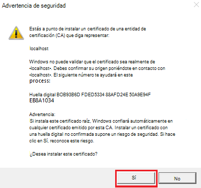 Captura de pantalla de advertencia de seguridad con la opción Sí resaltada en rojo.