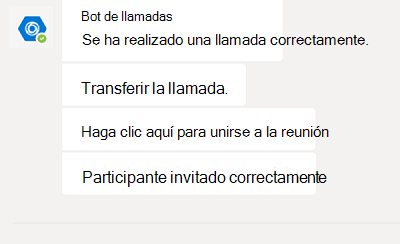 Captura de pantalla del bot de llamada que muestra los detalles de la llamada que se realiza correctamente.