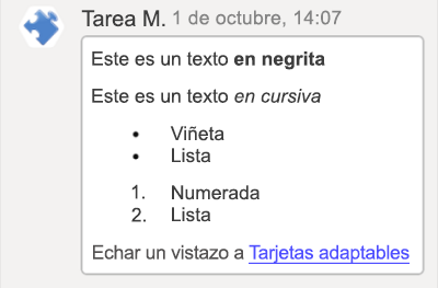 Captura de pantalla que muestra un ejemplo del formato de Markdown de tarjeta adaptable en la plataforma iOS de Teams.