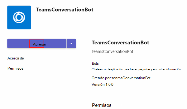 Captura de pantalla de la instalación de TeamsConversationBot con la opción Agregar resaltada.