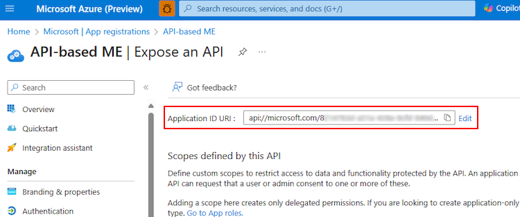 Captura de pantalla que muestra el URI del identificador de aplicación en Microsoft Entra ID.