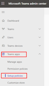 Captura de pantalla del Centro de administración de Microsoft Teams con las aplicaciones de Teams y las directivas de instalación resaltadas en rojo.