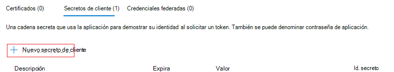 Captura de pantalla que muestra cómo crear un nuevo secreto de cliente.