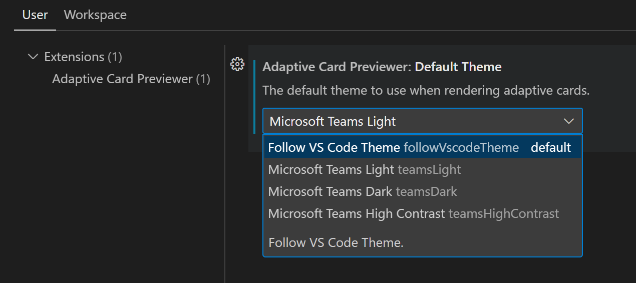 Captura de pantalla que muestra cómo configurar el tema predeterminado mediante la configuración de la extensión de Visual Studio Code.